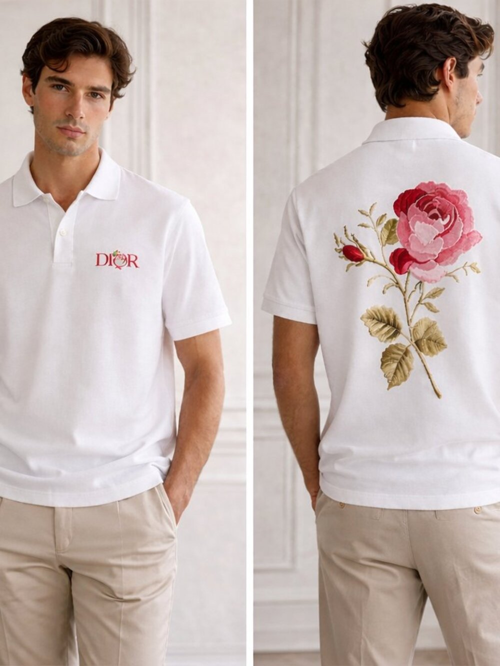 Dior Jardin Rose Embroidered Polo Shirt White Cotton Italy Christian Dior Sz M